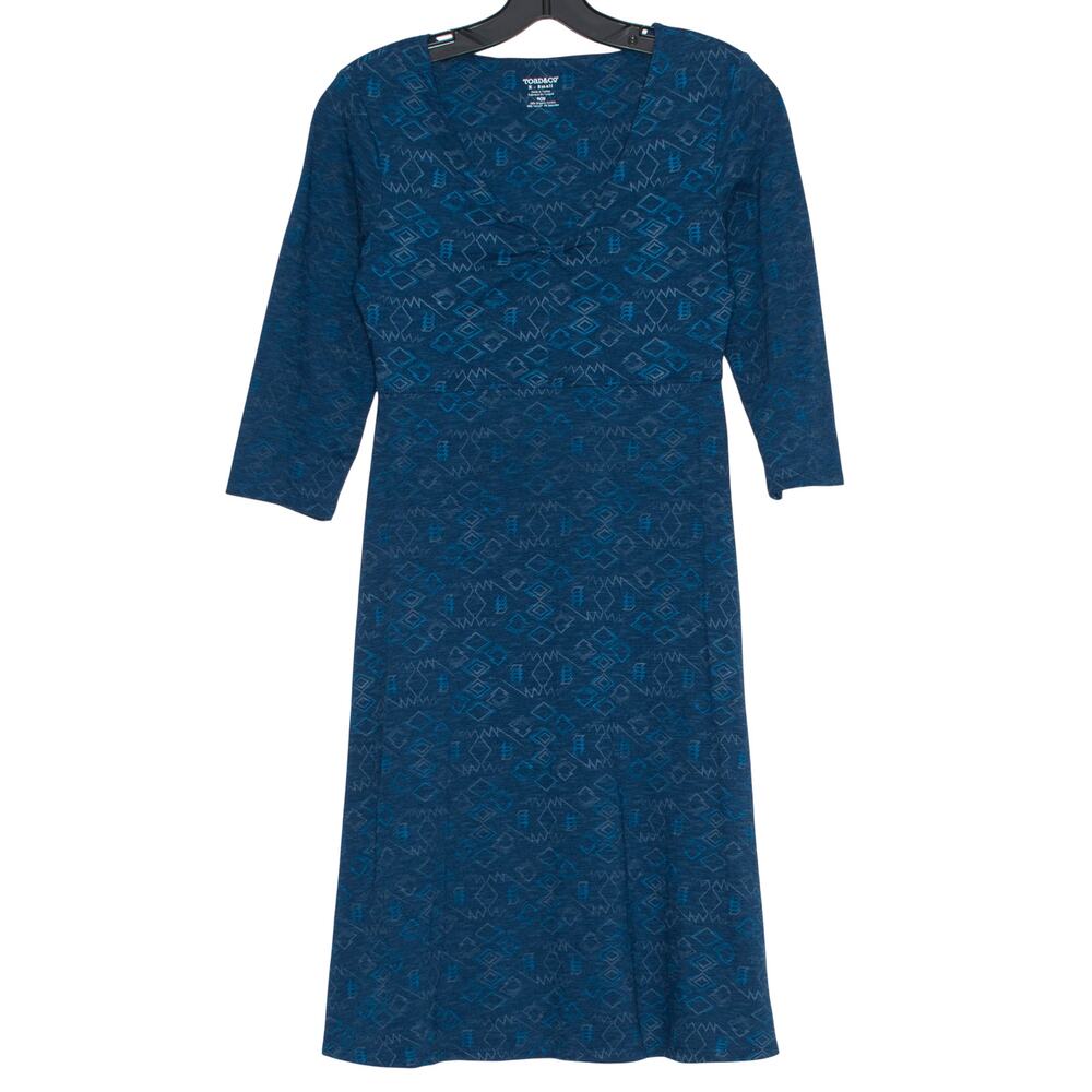Toad & Co Dress Rosalinda 3/4 Sleeve Geometric Boho Casual Comfort Blue Size XS